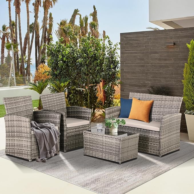 Patio Outdoor Furniture 4 Pieces Sectional Sofa Set Balcony Furniture Wicker Rattan Chairs with Table and Loveseat for Garden, Porch, Backyard, Gray Wicker/Gray Cushion