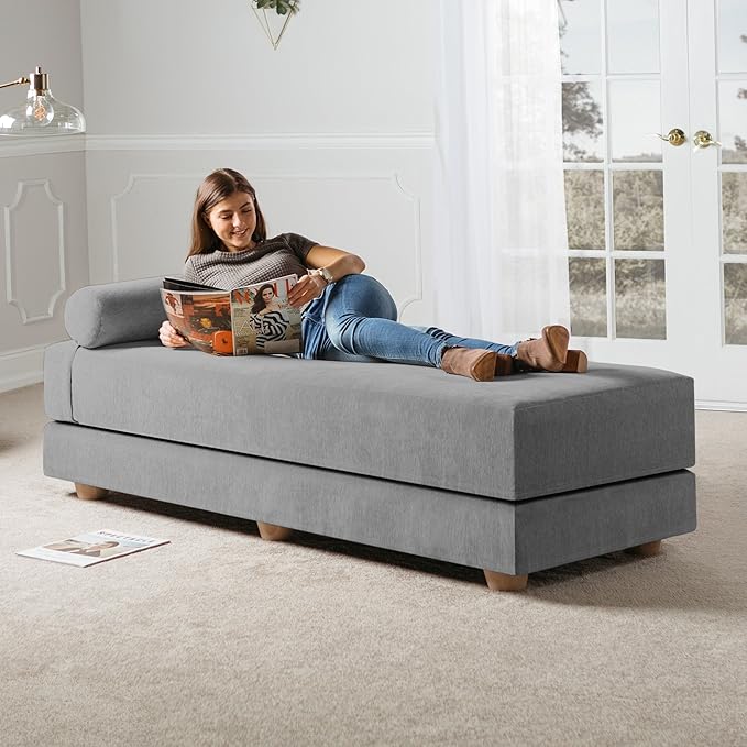 Jaxx Alon Daybed - Fold-Out Sleeper Chaise with Premium Memory Foam Queen-Size Mattress - Made in The USA, Grey