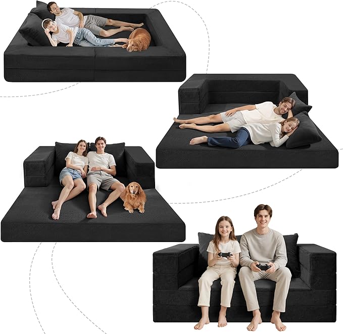 Futon Sofa Bed with Pillow, 3-in-1 Sleeper Sofa Bed with Removable Cover, Convertible Floor Sofa Bed, No Assembly Boneless Couch for Living Room, Bedroom