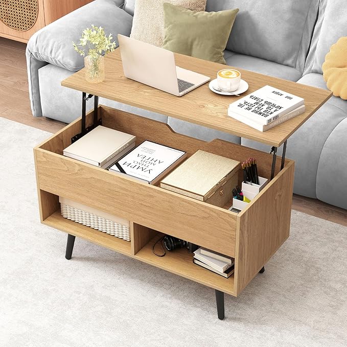 Giantex Lift Top Coffee Table, Modern Cocktail Table w/Hidden Compartment & 2 Open Shelves, Flip Top Center Table, Wooden Pull up Coffee Table for Living Room, Reception Room, Office (Natural)