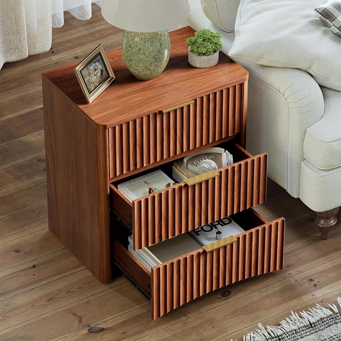 Evermagin Fluted Nightstand Set of 2, Walnut Bedside Table with 3 Drawers, Wood End Table with Storage Mid Century Modern, Large Night Stand for Bedroom - Image 5