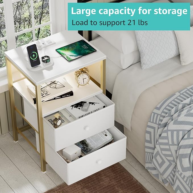 BOLUO Gold Nightstand with Charging Station, LED Night Stand with 2 Fabric Drawers, Bedside Table with USB Ports and Outlets, Nightstand for Bedroom Modern - Image 5