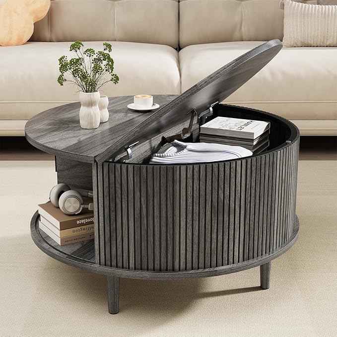Round Coffee Table with Storage, Mid Century Modern Coffee Table, Fluted Dining Table with Sliding Door, Circle Coffee Table for Living Room Home Office, 31.5", Gray