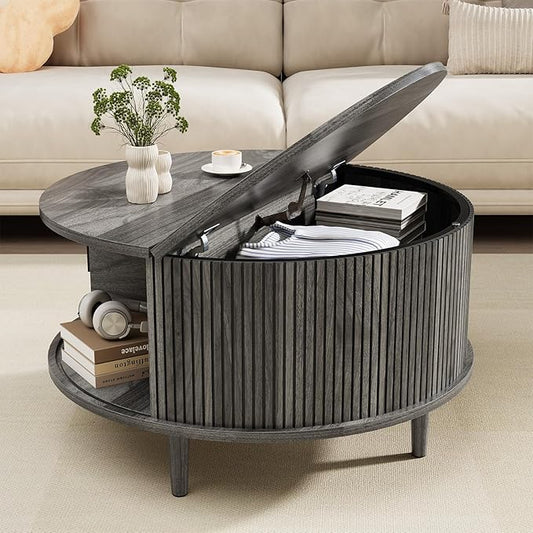 Round Coffee Table with Storage, Mid Century Modern Coffee Table, Fluted Dining Table with Sliding Door, Circle Coffee Table for Living Room Home Office, 31.5", Gray