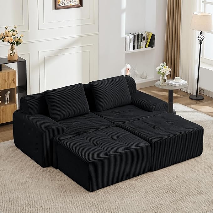 KIGOTY Modular Sectional Sofa, 4 PCS Comfy Cloud Sectional Couch with Deep Seat, Sleeper Sofa Bed with Ottoman, Modern Boneless Couch for Living Room, No Assembly Required,Black