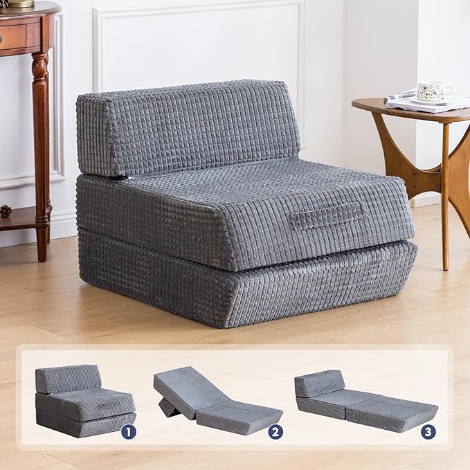Futon Sofa Bed,Sleeper Chair - Convertible Sectional Sleeper Sofa, Floor Bed Mattress for Guest Bed,Removable Zippered Back Support, Perfect for Living Room and Bedroom (Gray)