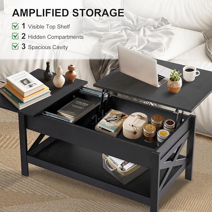 Lift Top Coffee Table with Storage, Small Coffee Table with Hidden Compartment, Dining Center Tables with Lifting Tabletop for Living Room, Home Office