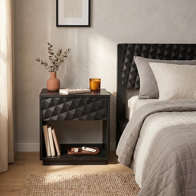 NTC Sapa Solid Wood Nightstand with 3D Carved Drawer Front – Modern Bedside Table with Open Shelf, Easy Assembled - Burnt Black by NTC