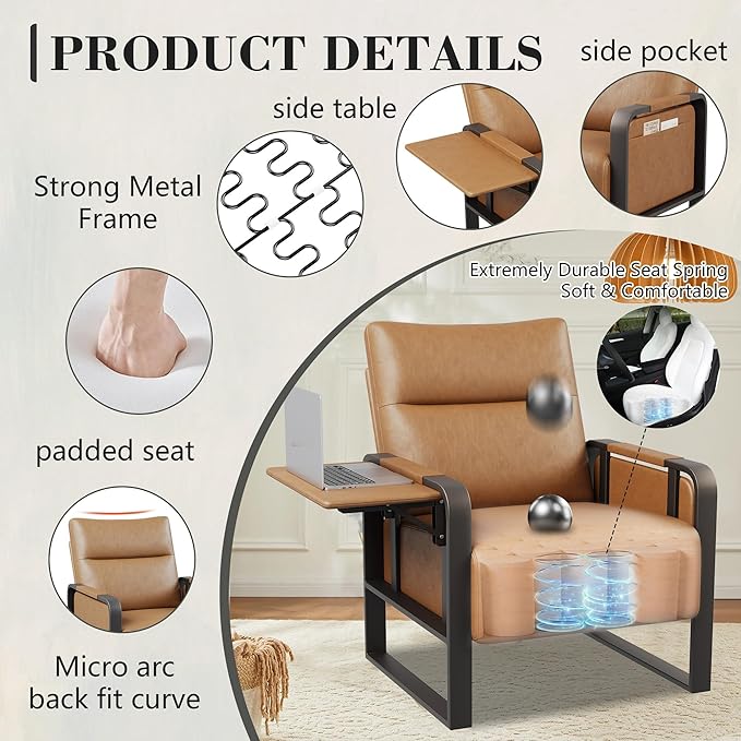 Upholstered Living Room Chair Armchair Set of 2, Mid Century Faux Leather Metal Accent Chair, Reception Couch Office Guest Chair Slipper Club Lounge Single Sofa with Sidetable for Bedroom-Light Brown