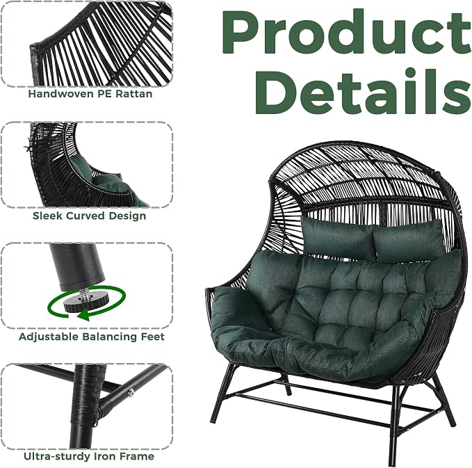 IRONCK Egg Chair Outdoor, Double Wicker Egg Lounge Chair, Upgraded Feet, Handrest and Padded Cushion, 700Lbs, Oversized Loveseat for Backyard, Patio, Living Room, Dark Green - Image 6