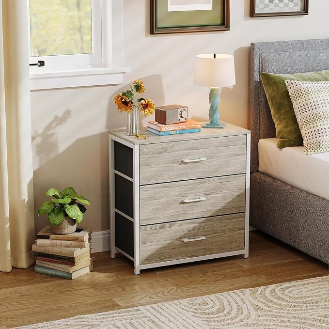 Memobarco Nightstand, End Table, Bedside Table, Tall Fabric Dresser with 3 Drawer, White Drawers Small Chests of Drawers Organizer Storage Tower with Steel Frame, Wooden Top & Front for Bedroom - Image 8