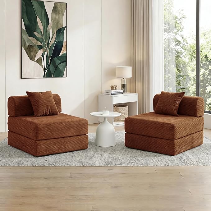 31.5'' Convertible Compressed Corduroy Folding Cloud Sofa Bed Set of 2, 2 Pieces Modern Boneless Pull Out Sleeper Sofa Couch, 3 in 1 Portable Lazy Floor Lounge Chair Set, No Assembly Needed, Caramel
