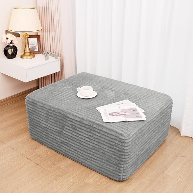37.4" Plush Corduroy Ottoman, Upholstered Cloud Ottoman for Boneless Couch in a Box, Modular Sectional Couches for Living Room Bedroom, Compressed Memory Foam, No Assembly Require, Grey