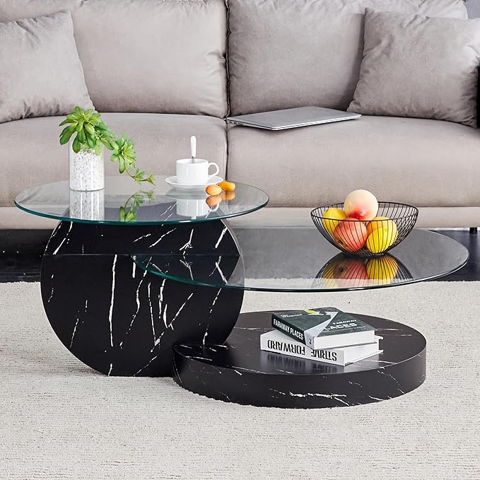 42" Glass Coffee Table, Round Coffee Table, 2-Tier Tempered Glass Tabletop with Black Faux Marble Base, Modern Center Table for Living Room, Home, Apartment, Ideal for Small Space