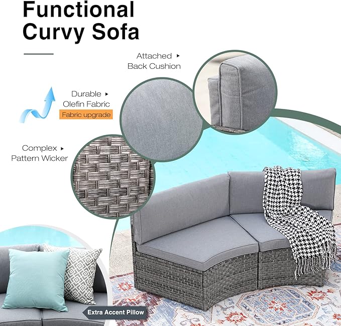 SUNSITT Outdoor Patio Furniture Sectional 7-Piece Half-Moon Curved Outdoor Sofa Set with Round Coffee Table, 4 Pillows & Waterproof Cover, Grey Rattan