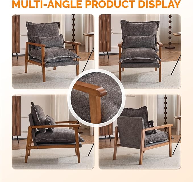 VINGLI Mid-Century Modern Cloud Accent Armchairs Set of 2 with Lumbar Pillow, 6.3'' Thick Seat Cushion Reading Chairs with Wooden Armrests, Boho Lounge Chair for Bedroom, Living Room, Chenille, Grey