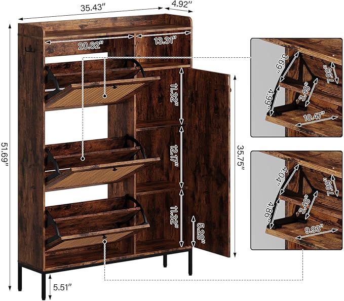 GarveeLife 3-Tier Rattan Shoe Cabinet with Flip Drawers, Adjustable Shelves and Narrow Storage Design, Perfect for Entryways, Hallways, and Bedroom Organization in Wood
