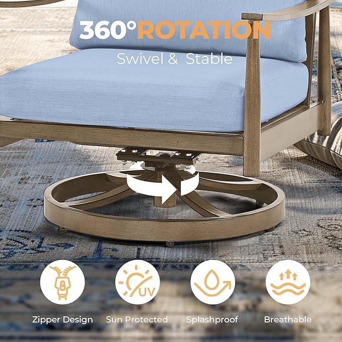 HAPPATIO Patio Outdoor Furniture Set - 6 Pieces Aluminum Outdoor Conversation Set with 1 Three-Seater Sofa, 1 Coffee Table, 2 Swivel Chairs, and 2 Ottomans for Yard, Porch, and Deck (Grey)
