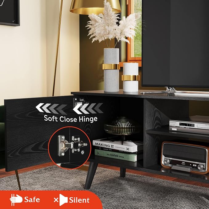 WLIVE Mid-Century Modern TV Stand for 55/60 Inch TV, Entertainment Center with Storage & Adjustable Shelves, Media Console with Soft-Close Cabinets for Living Room/Bedroom, Black - Image 8