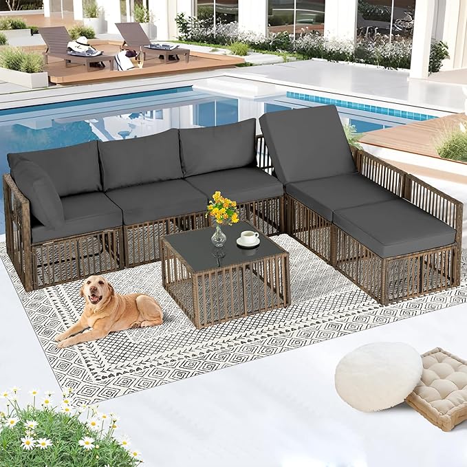 FHFO 7 Piece Patio Furniture Set, Outdoor Wicker Sectional Sofa Conversation Set Couch with Adjustable Backrest, Thick Cushion & Coffee Table for Garden, Porch, Poolside, Brown/Grey