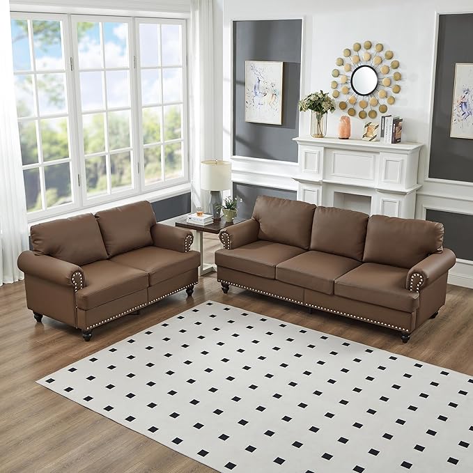 2 Pieses Living Room Sofa Sets Faux Leather Couch and Loveseat with Nailhead Decor, Soild Wood Legs, Rolled Armrests & Storage ,2PCS Sofas 3 Seaters Couch and Love Seat for Living Room Furniture Sets