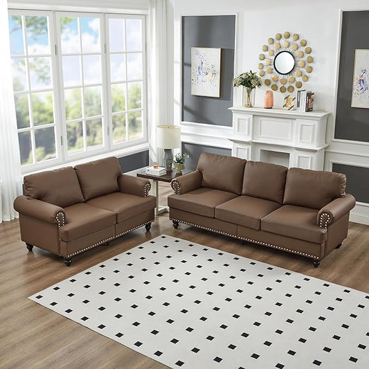 2 Pieses Living Room Sofa Sets Faux Leather Couch and Loveseat with Nailhead Decor, Soild Wood Legs, Rolled Armrests & Storage ,2PCS Sofas 3 Seaters Couch and Love Seat for Living Room Furniture Sets
