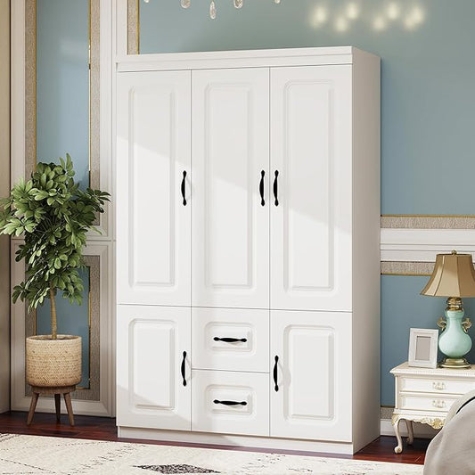 GraceGrove Armoire Wardrobe Closet with 3 Door Armoires and Wardrobes with 2 Drawers Tall Cabinet for Large Capacity, Closet Wardrobe Cabinet with Hanging Rail and Metal Handle for Bedroom White
