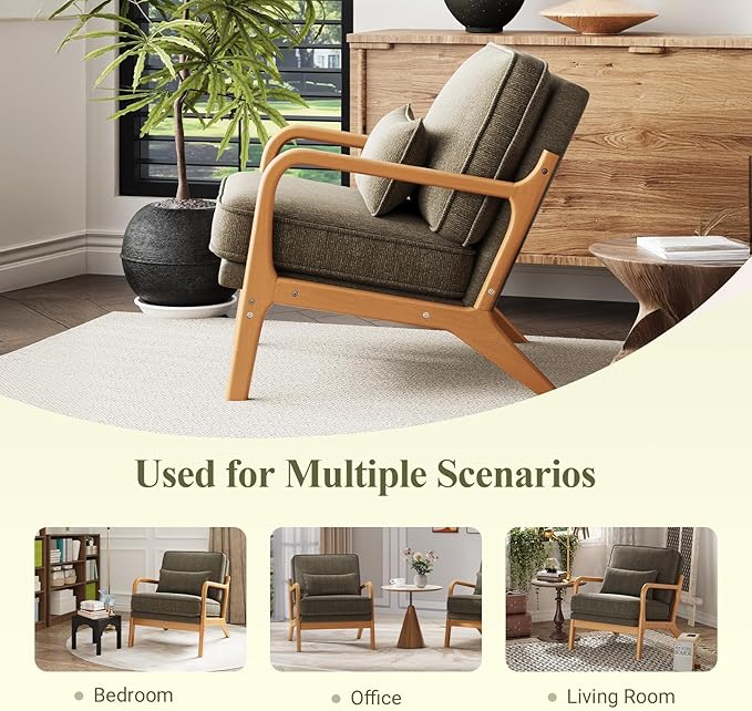 MALOL Accent Chair Set of 2 with Solid Wood Frame, Mid-Century Relaxing Armchair Lumbar Pillow& Soft Cushion, Reading Leisure Chair for Living Room, Bedroom, Waiting Room-Green