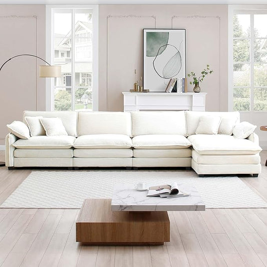 KEIKI 150" L-Shaped Oversized Corduroy Modular Sectional Sofa with 1 Ottoman, High-Density Foam Cushions, Removable Armrests, Upholstered 4-Seater Corner Couch with 6 Pillow, for Living Room, Beige