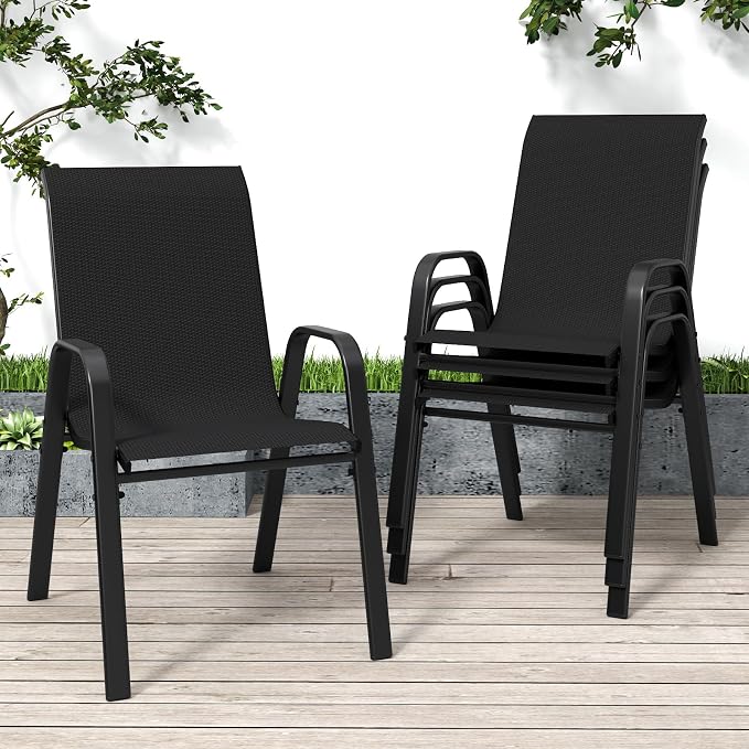 Patio Chairs, Stackable Outdoor Dining Chairs for All Weather Textilene Fabric & Metal Frame, Outdoor Chairs Set for Backyard Deck Garden (Black, Set of 4) by Vimstora