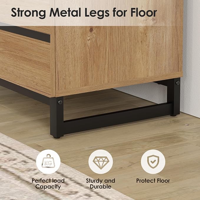 WAMPAT Nightstand with 3 Drawers for Bedroom, Modern Bedside Table with Black Square Metal Leg, Wood Rustic Side End Table, Oak, 2 Pcs - Image 7