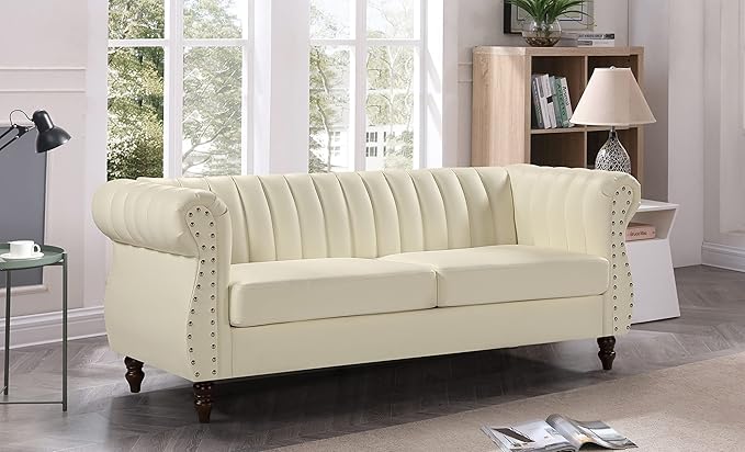 Chesterfield-Inspired 77" Faux Leather Sofa with Elegant Design, Gourd Legs, and Sustainable Pleather Upholstery, 3 Seater Couch for Living Rooms and Offices, Cream White