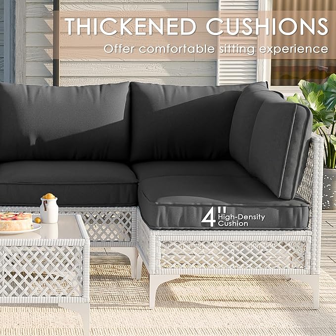 Vikiullf Patio Conversation Set, 7 Piece Outdoor Sectional Sofa Set with Coffee Table, White Wicker with Grey Cushions (White and Grey, 7 piece)