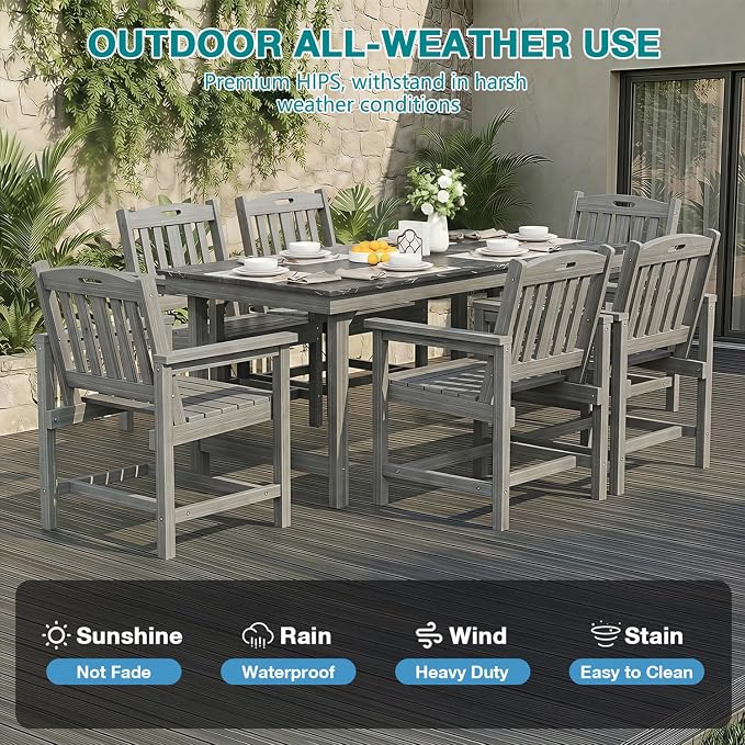 Mdeam 7-Piece HIPS Outdoor Dining Set, 66.9" Marble Texture Patio Table with Umbrella Hole, 440LBS Capacity, 6 Wider Chairs, Dining Table Set for 6, Outdoor Furniture with Galvanized Steel Frame, Grey - Image 5