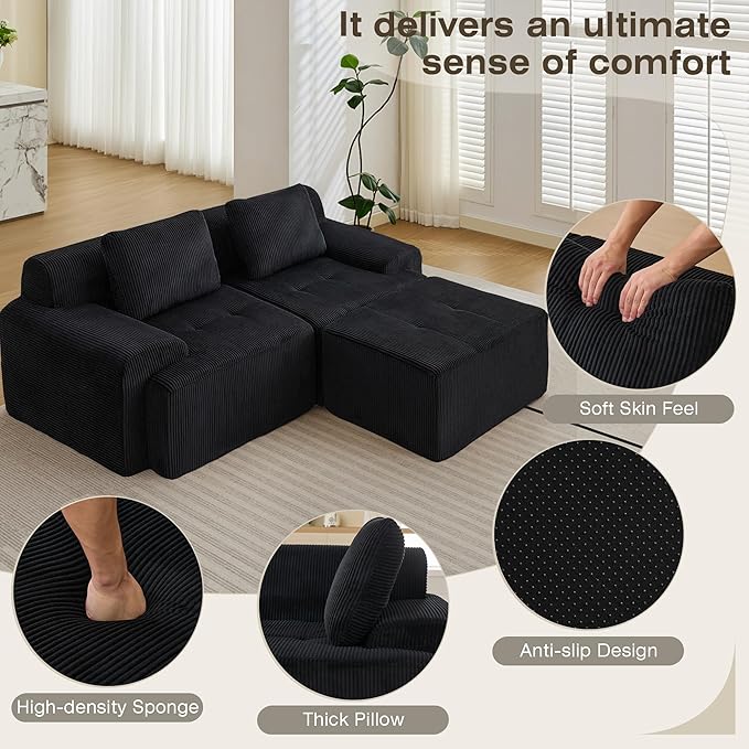Modular Sectional Sofa, Boneless Couches for Living Room, Corduroy Couch, Big Comfy Couch, Modular Cloud Sofa with Deep Seat (Black, 3 Pieces-L Shape)