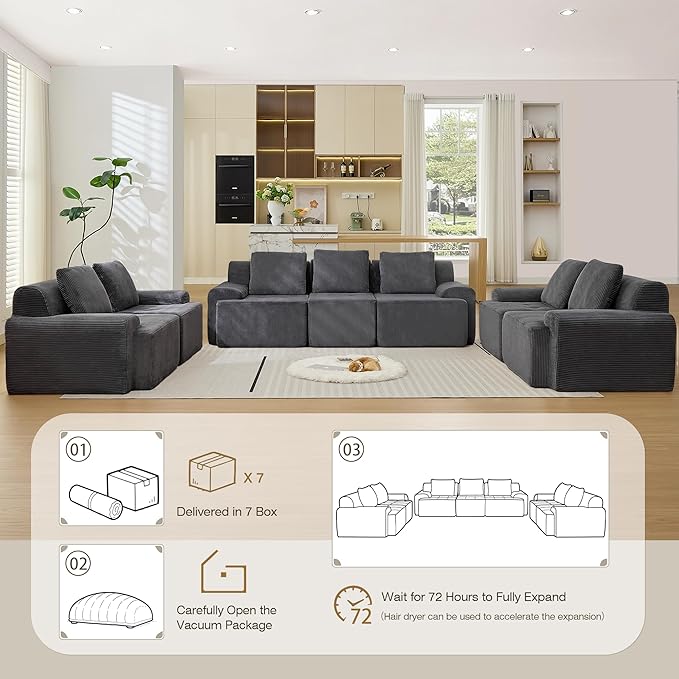 Modular Sectional Sofa, Boneless Couches for Living Room, Corduroy Couch, Big Comfy Couch, Modular Cloud Sofa with Deep Seat (Grey, 7 Pieces-Rowshape 3 Side)