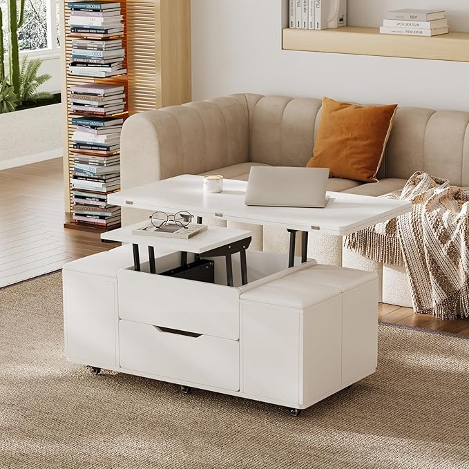 homary White Lift Top Coffee Table with Hidden Storage, 3 in 1 Multi-Function Modern Folding Center Table with 4 Stools and Casters