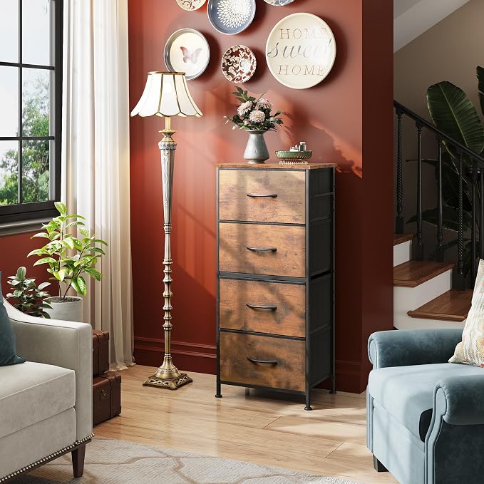 WLIVE Dresser with 4 Drawers, Fabric Storage Tower, Organizer Unit for Bedroom, Hallway, Entryway, Closets, Sturdy Steel Frame, Wood Top, Easy Pull Handle, Rustic Brown Wood Grain Print - Image 4