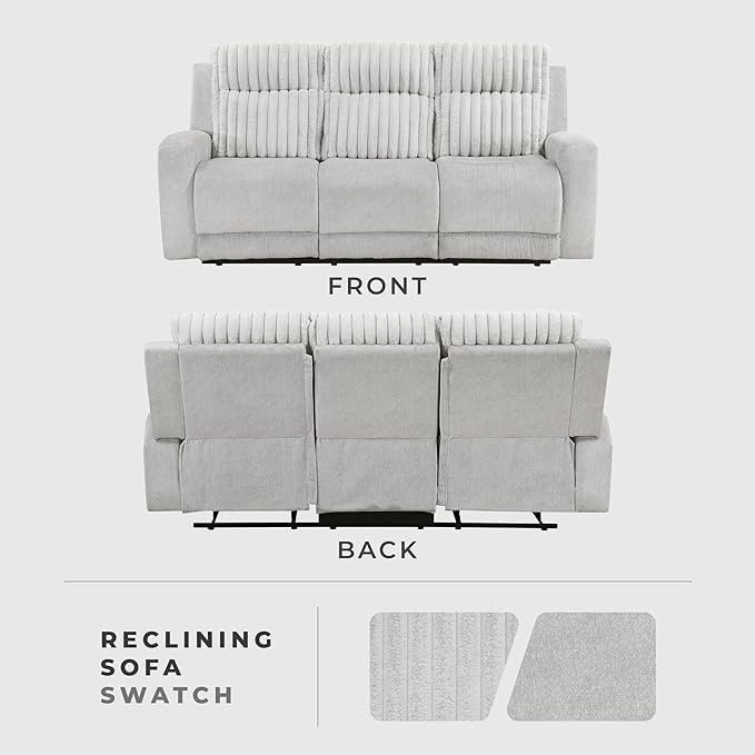Lexicon Modern Double Recliner Couch, Manual Wall Hugger Textured Microfiber Reclining Sofa, Plush Corduroy Channel Seat Back, Manual Recliner Sofa, Light Gray