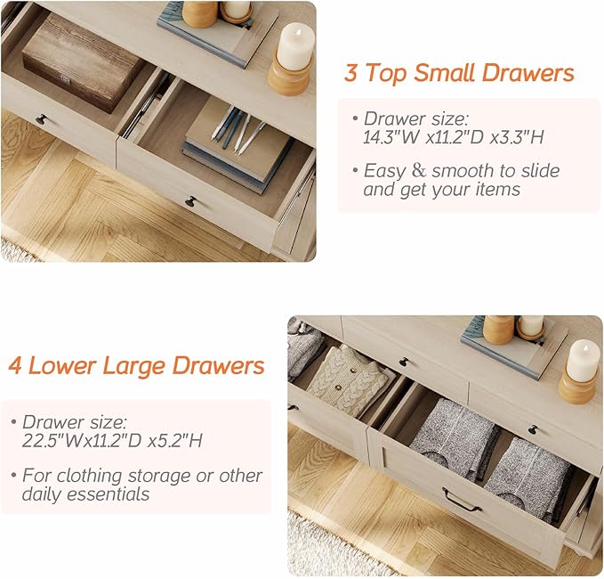 WAMPAT 3 Piece Bedroom Set - Includes Farmhouse 7 Drawer Dresser, Set of 2 End Tables with Charging Station & Storage Cabinet, 3 Piece Dresser and Nightstand Sets, Beige