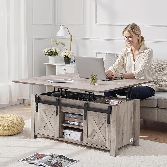 VEVOR 39.4 in Farmhouse Lift Top Coffee Table, Rustic Center Table with Barn Door and Hidden Storage Compartment, Modern Rectangle Lifting Tabletop for Living Room, Office, Home, Easy Assembly, Oak
