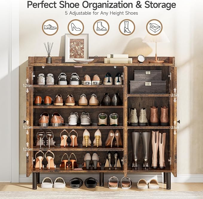 ONBRILL Shoe Cabinet with 3 Doors and Adjustable Shelves, 30 Pairs Shoe Storage Cabinet, 40 Inch Tall Farmhouse Shoe Rack Shoe Organizer Cabinet for Entryway Living Room Closet, Rustic Brown - Image 3