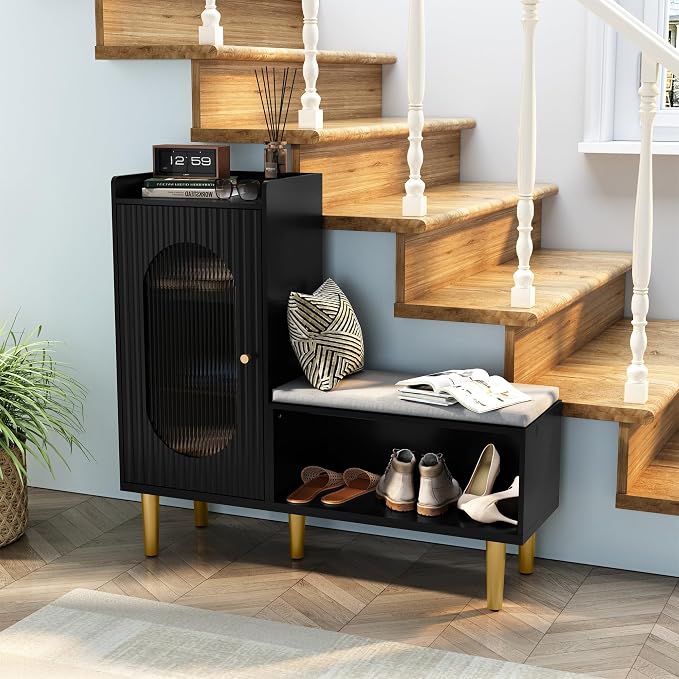 HLR Storage Bench Set of 2, Black Modern Entryway Shoe Cabinet Bench with Glass Door&Shelf, L-Shaped Storage Cabinet with Padded Seat for Hallway, Bedroom, Living Room, Office - Image 6