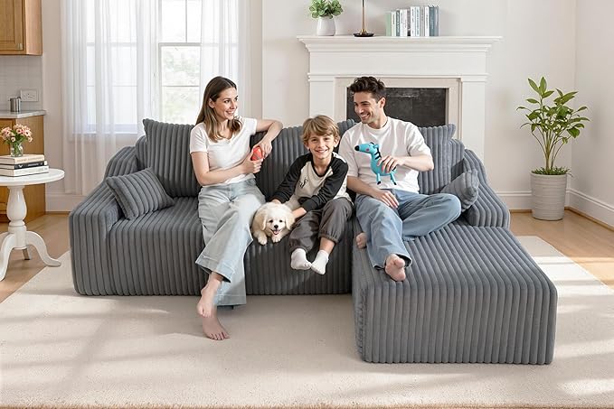 Homguava 94'' Cloud Sectional Couch, Modular L-Shape Couch with Chaise, Boneless Sofa with Deep Seat for Living Room Bedroom,No Assembly Required(Grey,Right Facing Chaise)
