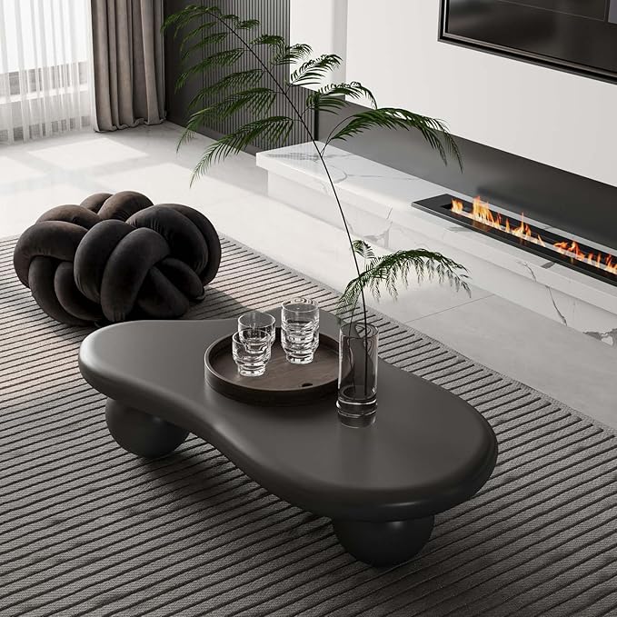 47" Modern Black Coffee Table Cloud Shape Low Center Table Cute Irregular Indoor Tea Table with 3 Ball Legs for Living Room Small Space
