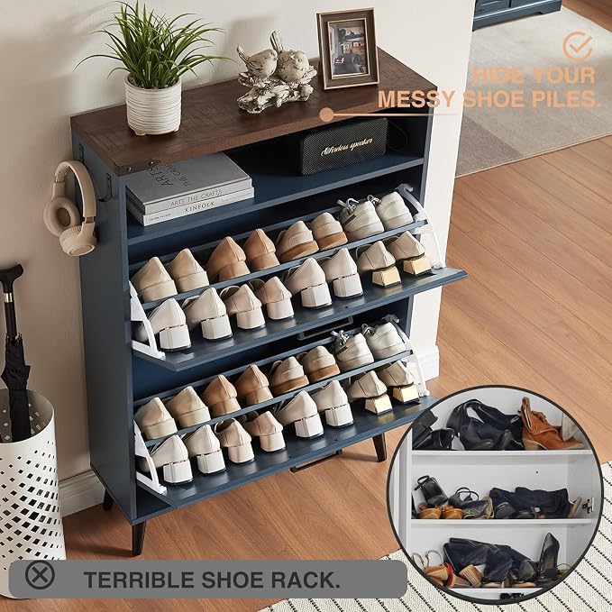 Barnyatoh Shoe Storage Cabinet,Farmhouse Shoe Organizer with 2 Flip Drawers & Barn Door Design,Freestanding Hidden Slim Narrow Shoe Rack Cabinet with Open Storage for Entryway, Foyer,Hallway,Navy Blue - Image 4