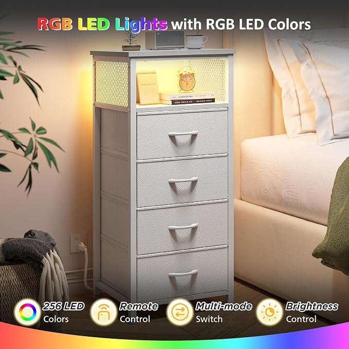 White Nightstand Set of 2,LED Night stand with Charging Station,Fabric Bedside Table for Bedroom, Hallway, Entryway, Living Room, Closet, Sturdy Steel Frame, Wood Top, Cloth Bags, Hooks, White - Image 7