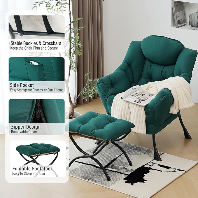 Furlide Lazy Chair with Ottoman, Modern Accent Chair with Armrests and a Side Pocket, Dark Green Accent Chairs, Reading Chairs, Oversized Armchairs for Bedroom, Study, Living Room, Courtyard