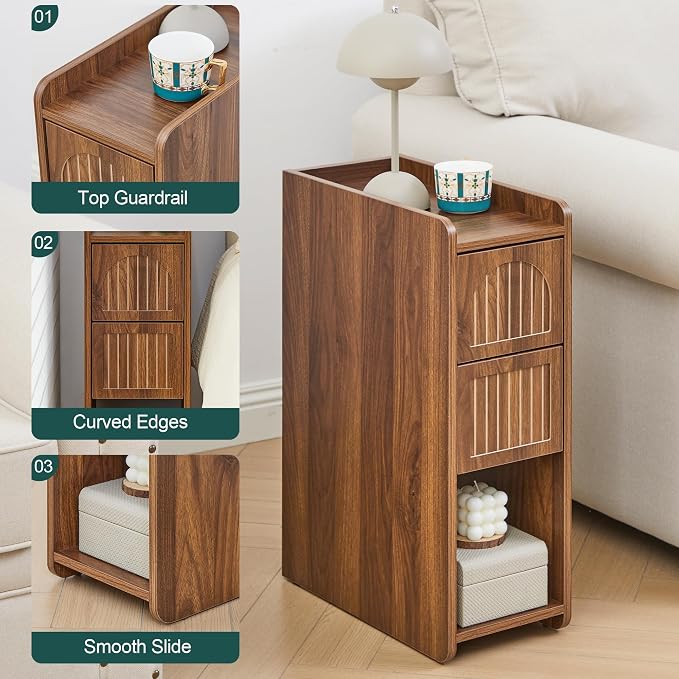 FurSch Fluted Narrow Nightstand & Skinny Bedside Table for Bedroom, Thin Night Stand Side End Table with 2 Drawers and Open Shelf for Small Spaces (Walnut-1 pc) - Image 9