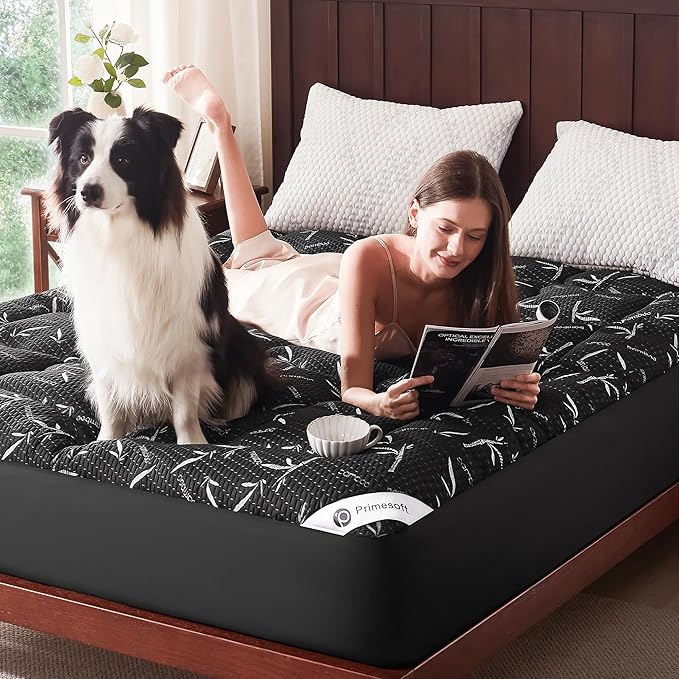 PRIMESOFT 100% Waterproof Queen Size Mattress Topper, Thick Pillow Top Mattress Pad，Up to 24 Inch Deep Pocket,Soft Breathable Mattress Pad for Back Pain, Protector Cover(Black)